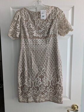Eliza J Short SL Sheath dress - Ivory Lace over Neutral Slip - NWT- 6P